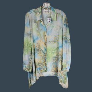 Chicos Pastel Fairy Button-Up Blouse L Semi Sheer Sharkbite Resort Boho Flowy